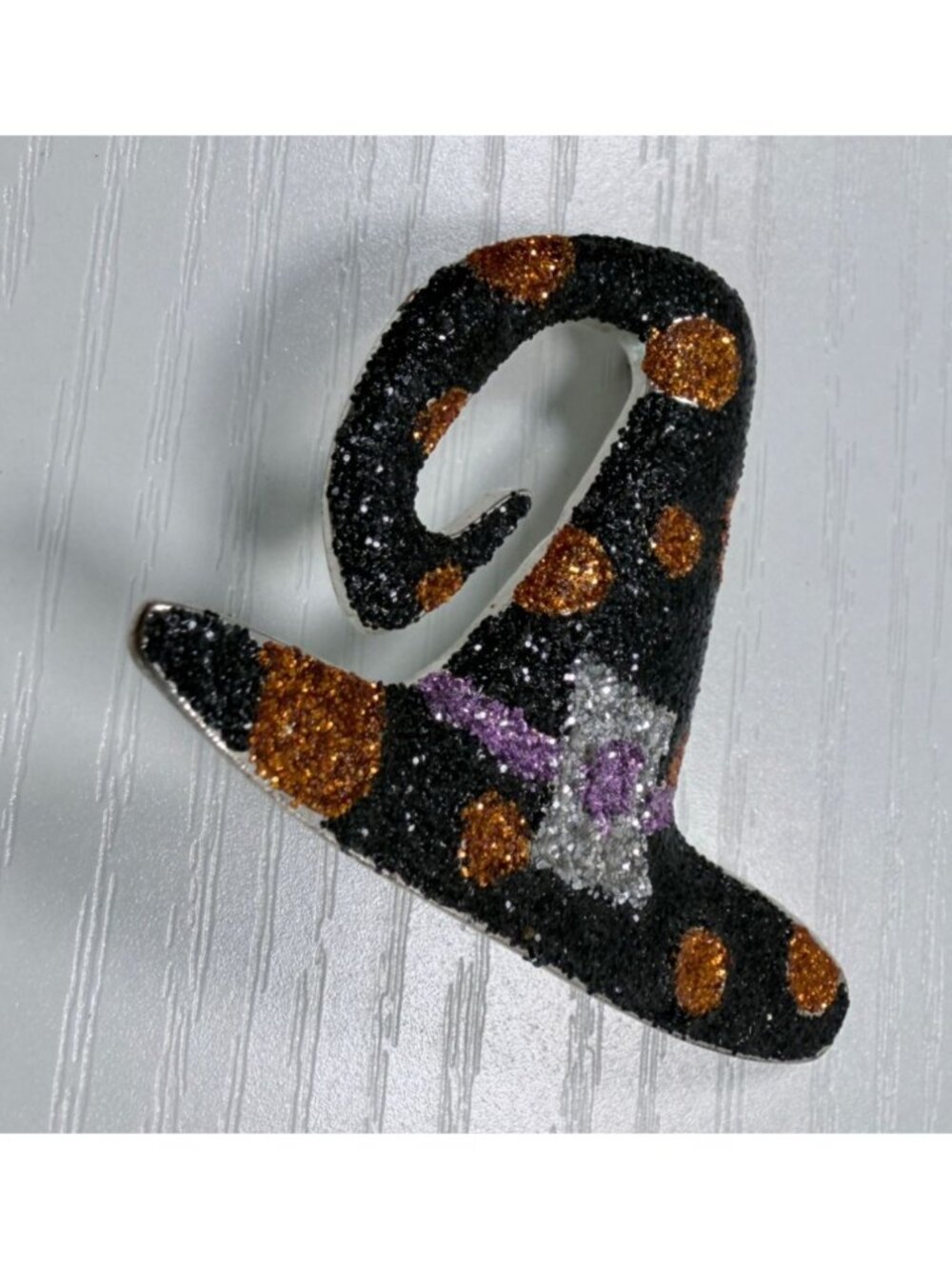 Halloween Glitter Witch Hat Brooch Pin Black Sparkly Orange Polka Dot Party - Picture 5 of 8